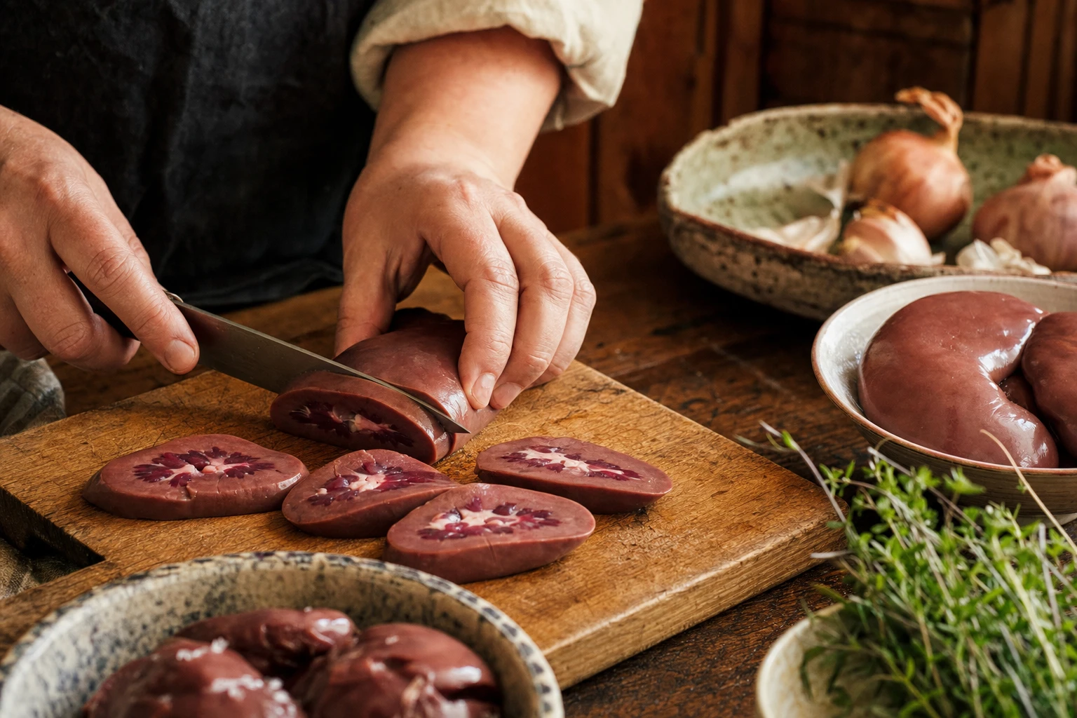 Beef kidney sliced and displayed, showing distinct colouration