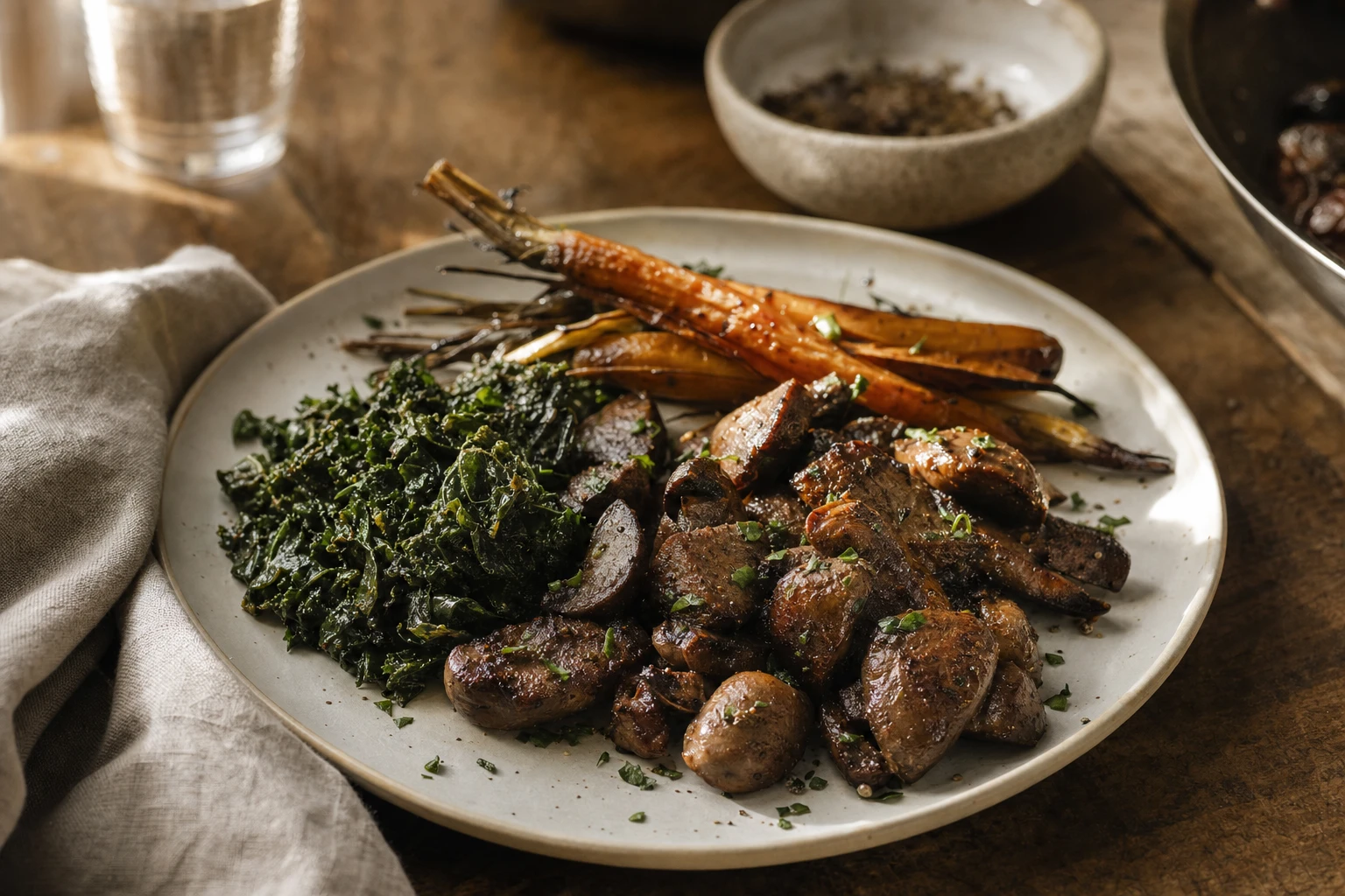 Cooked beef kidney on a plate with vegetables