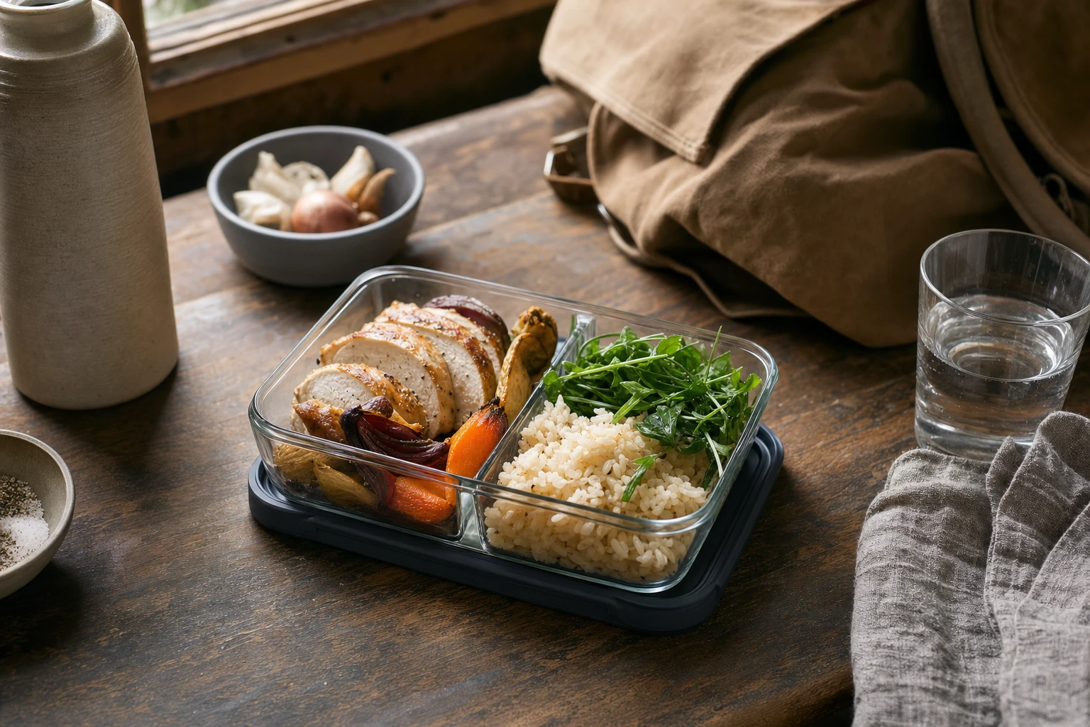 A meal prep container with roasted chicken, vegetables, and rice, representing portable shift work meals
