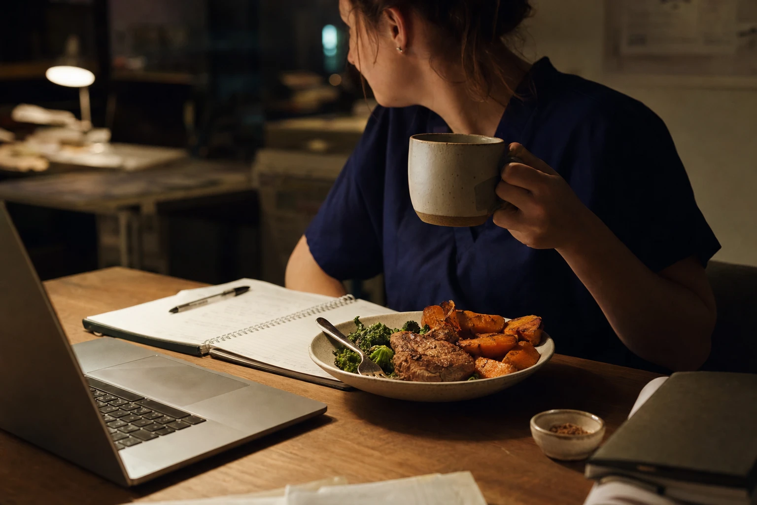 Coffee cup and protein-rich meal on a desk during night shift