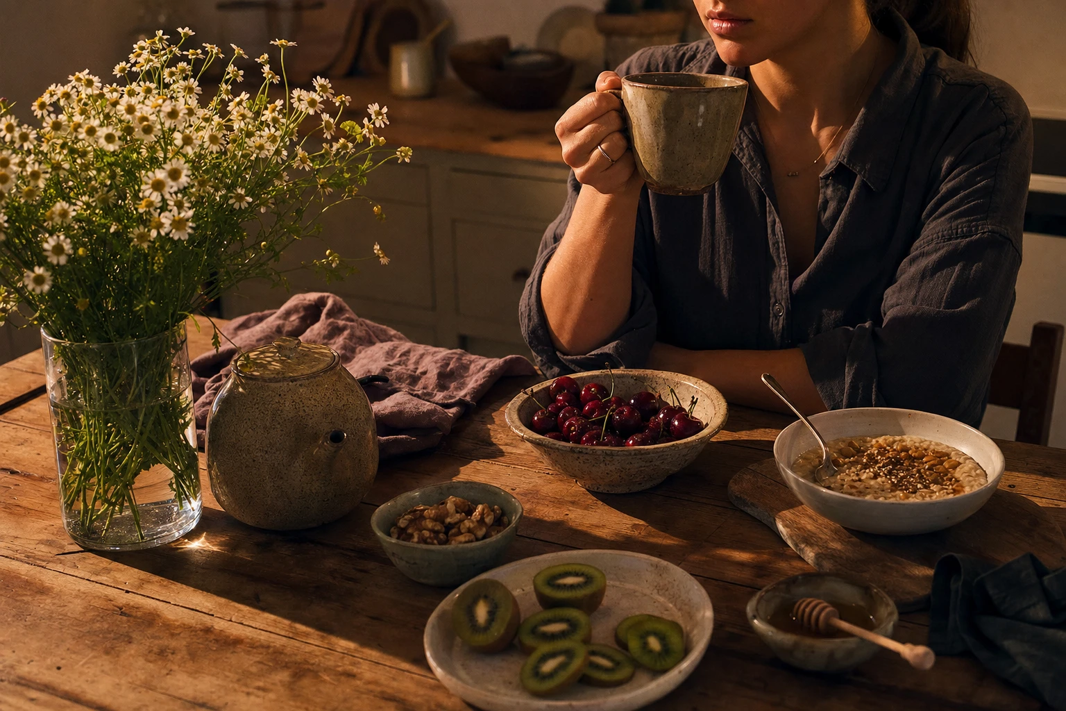 Chamomile tea and melatonin-supporting foods on a table after a shift