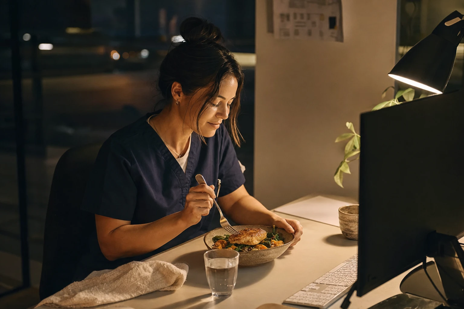 A shift worker eating a proper meal at a desk during night hours