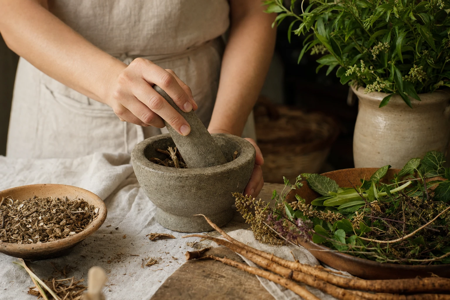 Dandelion root and bitter herbs in a mortar
