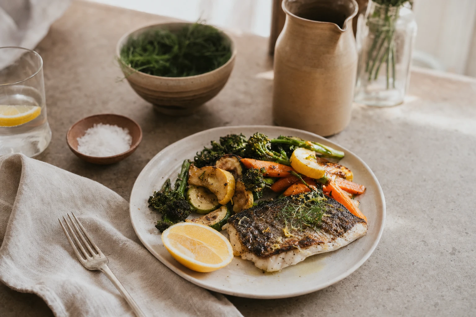 Plate of simple cooked vegetables and grilled fish