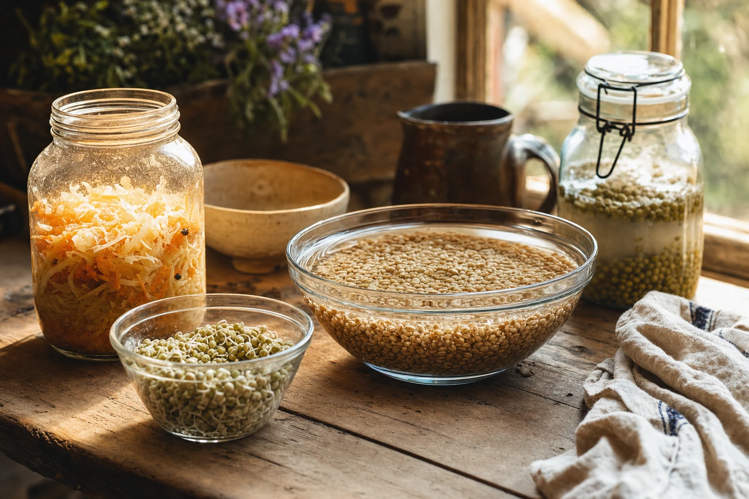 Soaking grains in glass bowls, fermented vegetables in jars, sprouting seeds