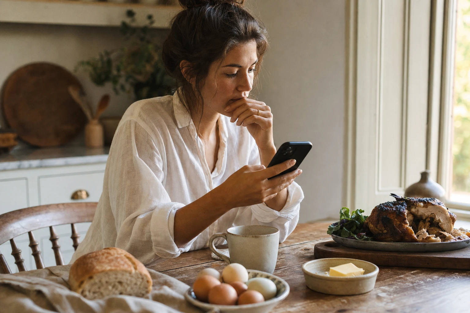 Person holding smartphone, thinking critically
