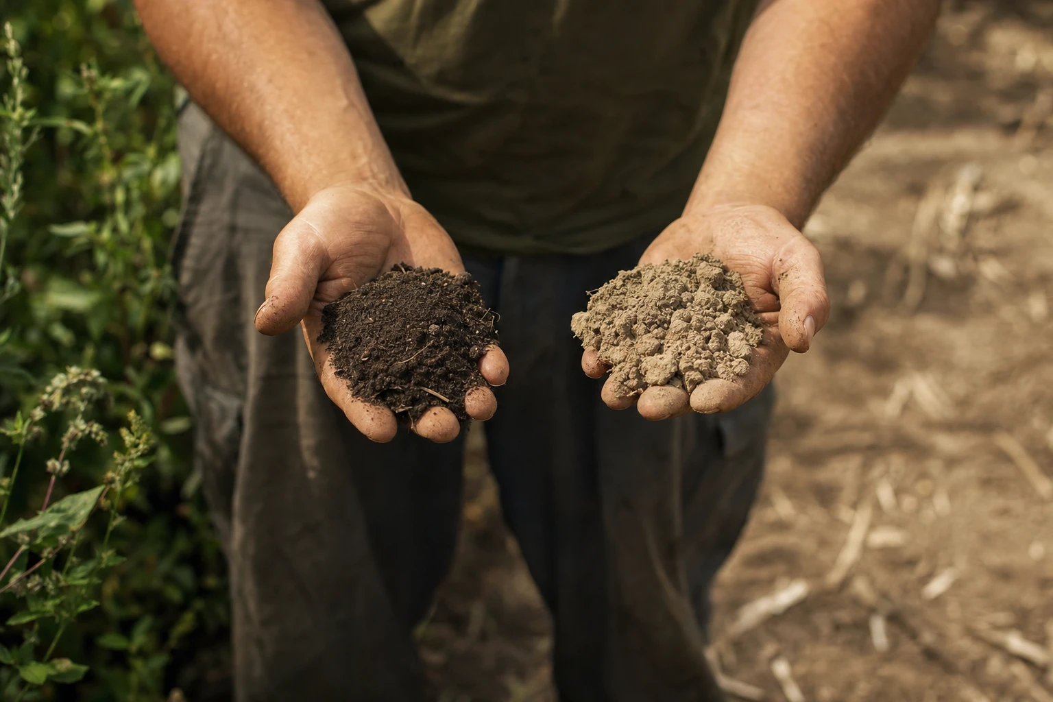 Side-by-side comparison of healthy dark soil and depleted pale soil