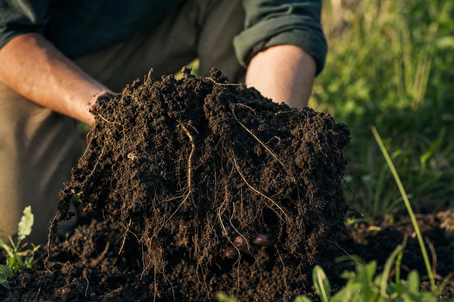 Cross-section of soil showing microbial networks and plant roots