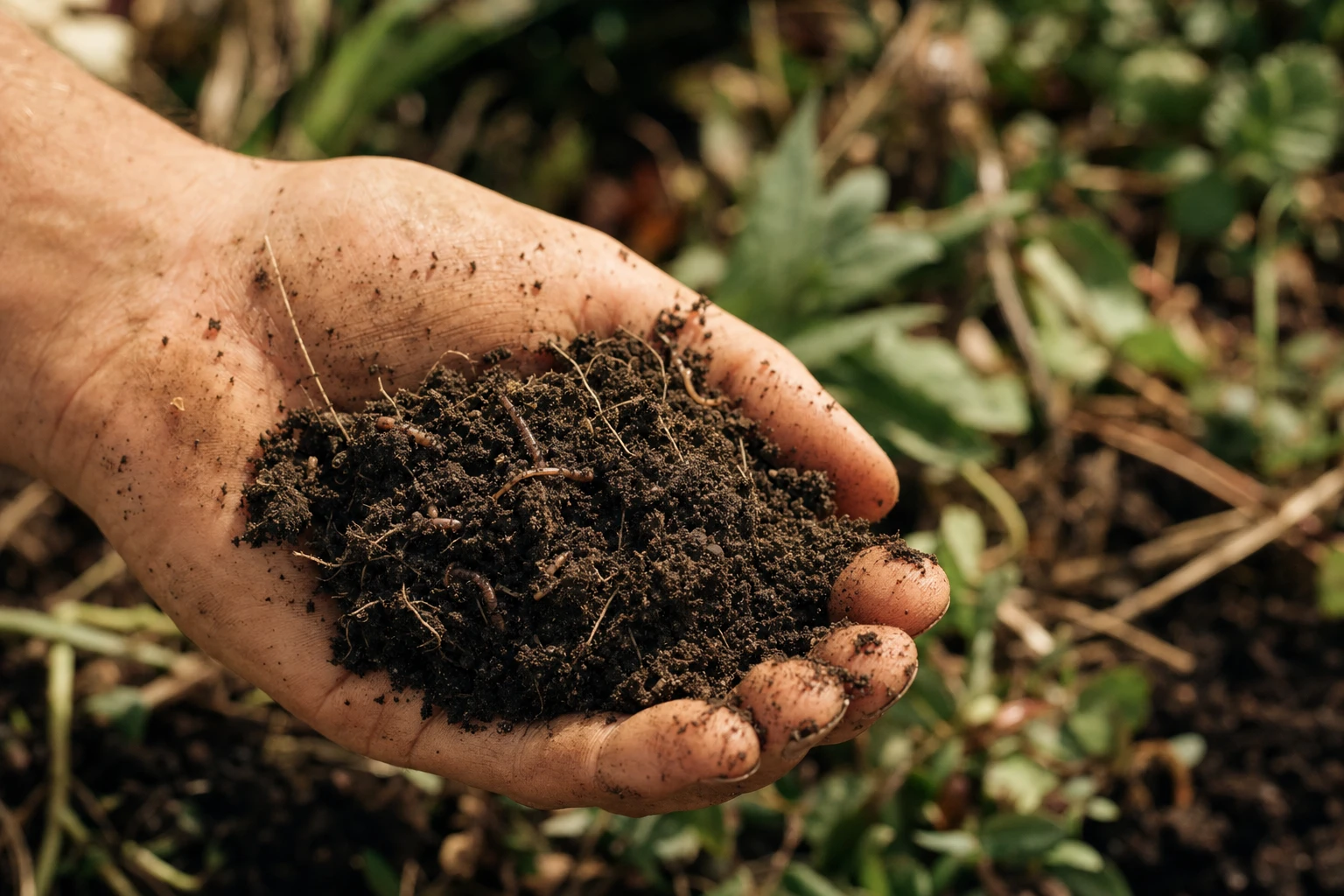 A hand holding rich, dark soil with visible microbial activity