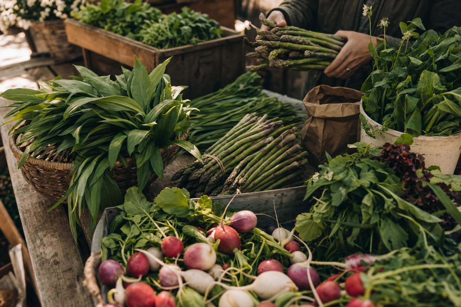A vibrant display of spring vegetables: wild garlic, asparagus, new season greens, radishes on a market table
