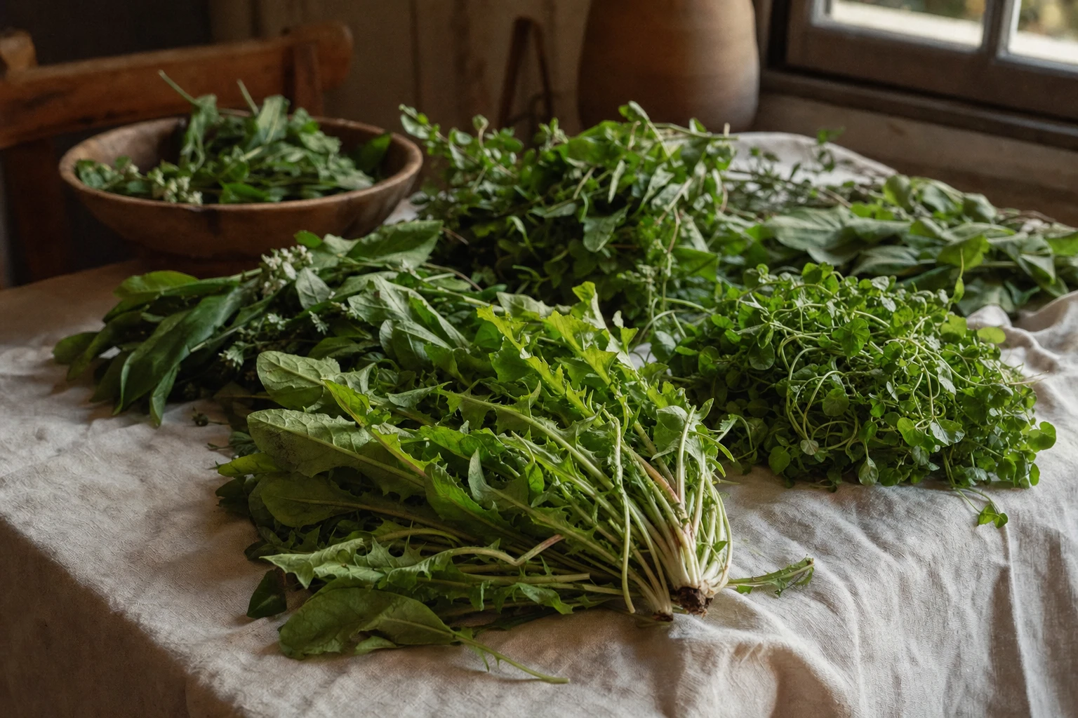 A fresh bunch of dandelion greens, watercress, and wild plants laid out on a linen cloth