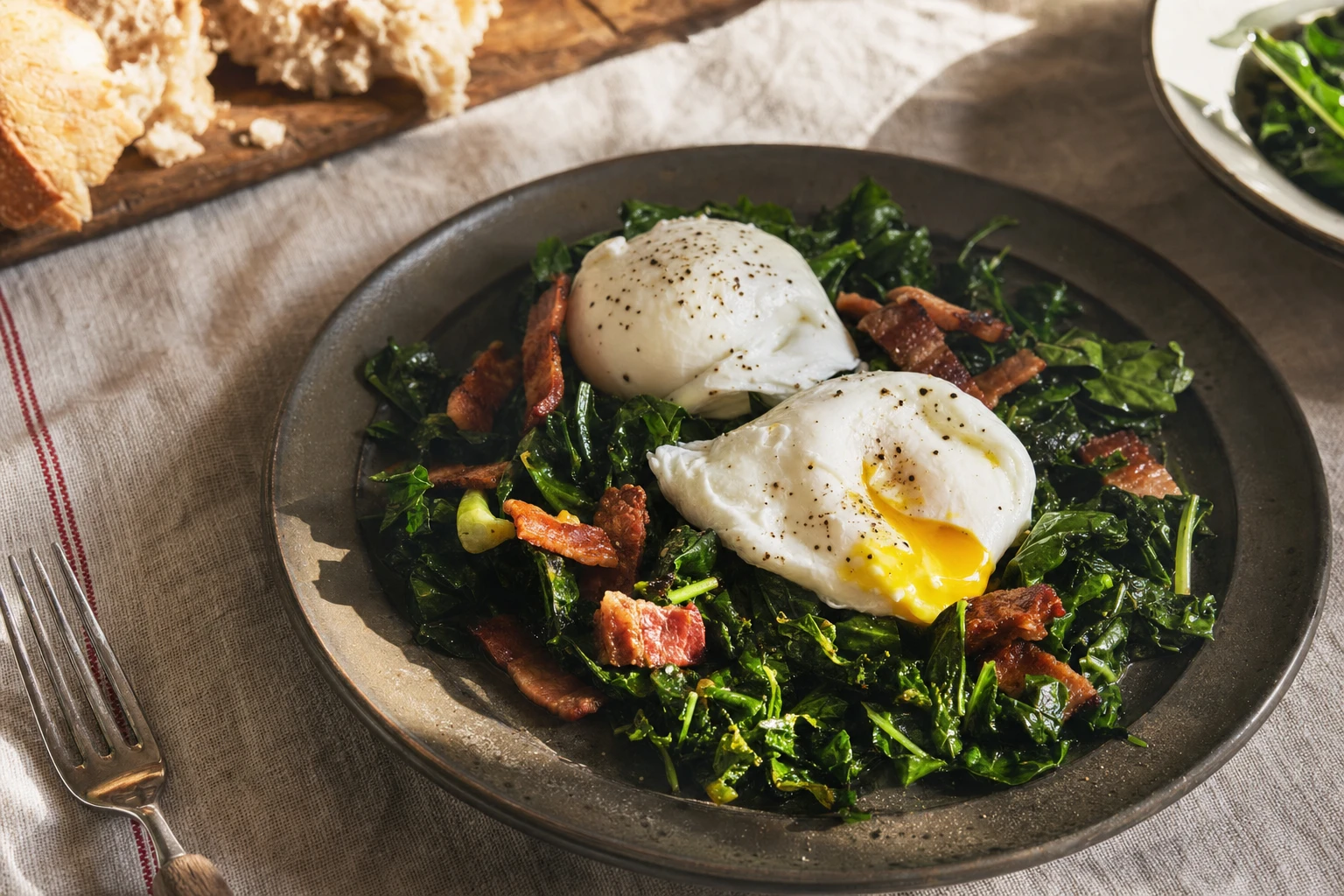 A warm salad of sautéed bitter greens with poached eggs and crispy bacon on a slate plate
