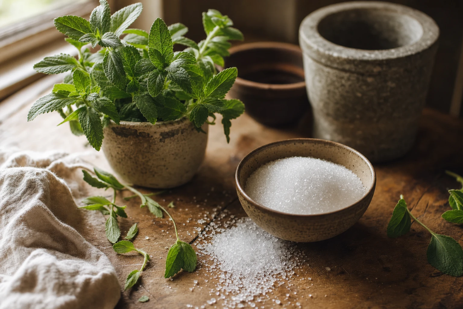 Stevia plant and erythritol crystals with molecular structure diagrams