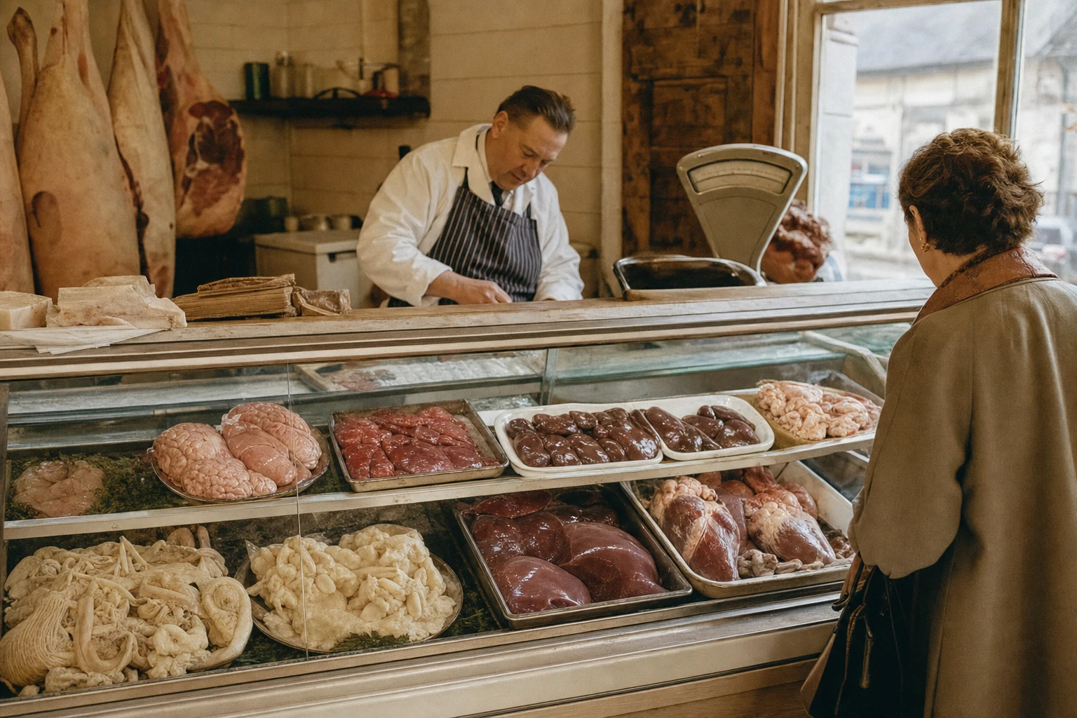 A 1950s butcher's shop with organs displayed prominently