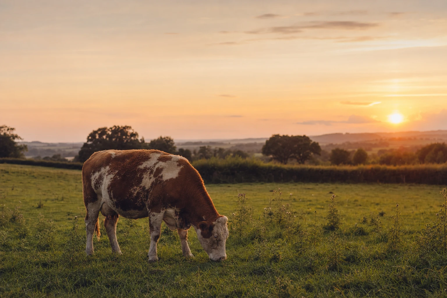 A cow grazing peacefully in open pasture at dusk