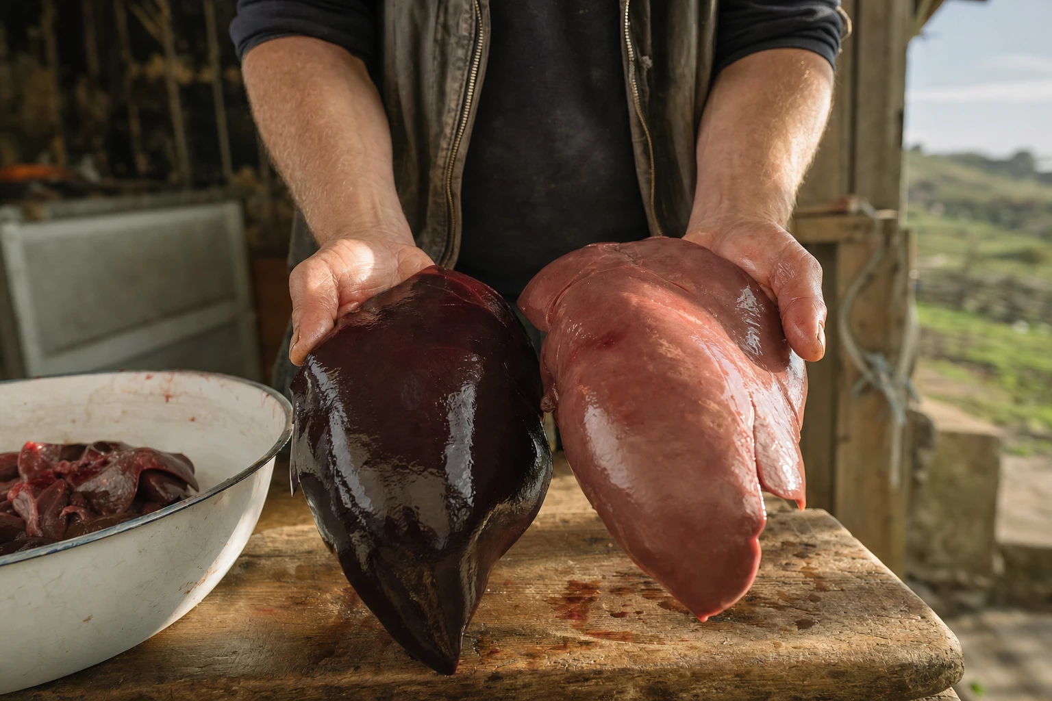 Cross-section of liver from stressed vs calm cattle, showing colour difference