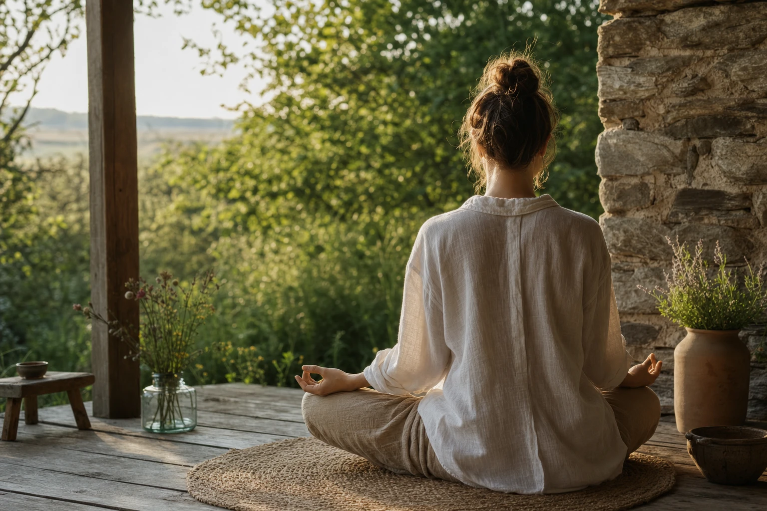 A woman meditating in a peaceful setting