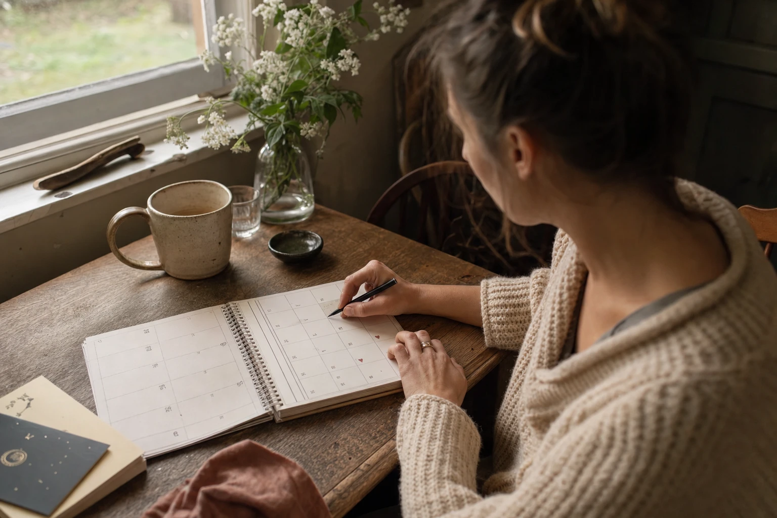 A woman checking her cycle on a calendar