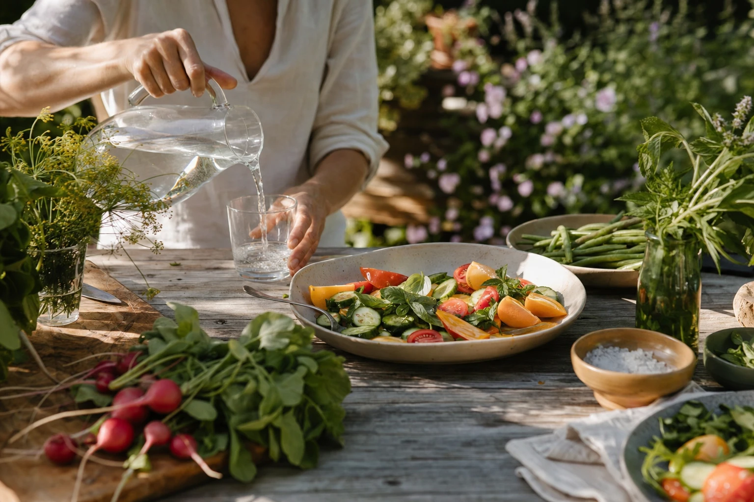 Water, salt, vegetables, and herbs