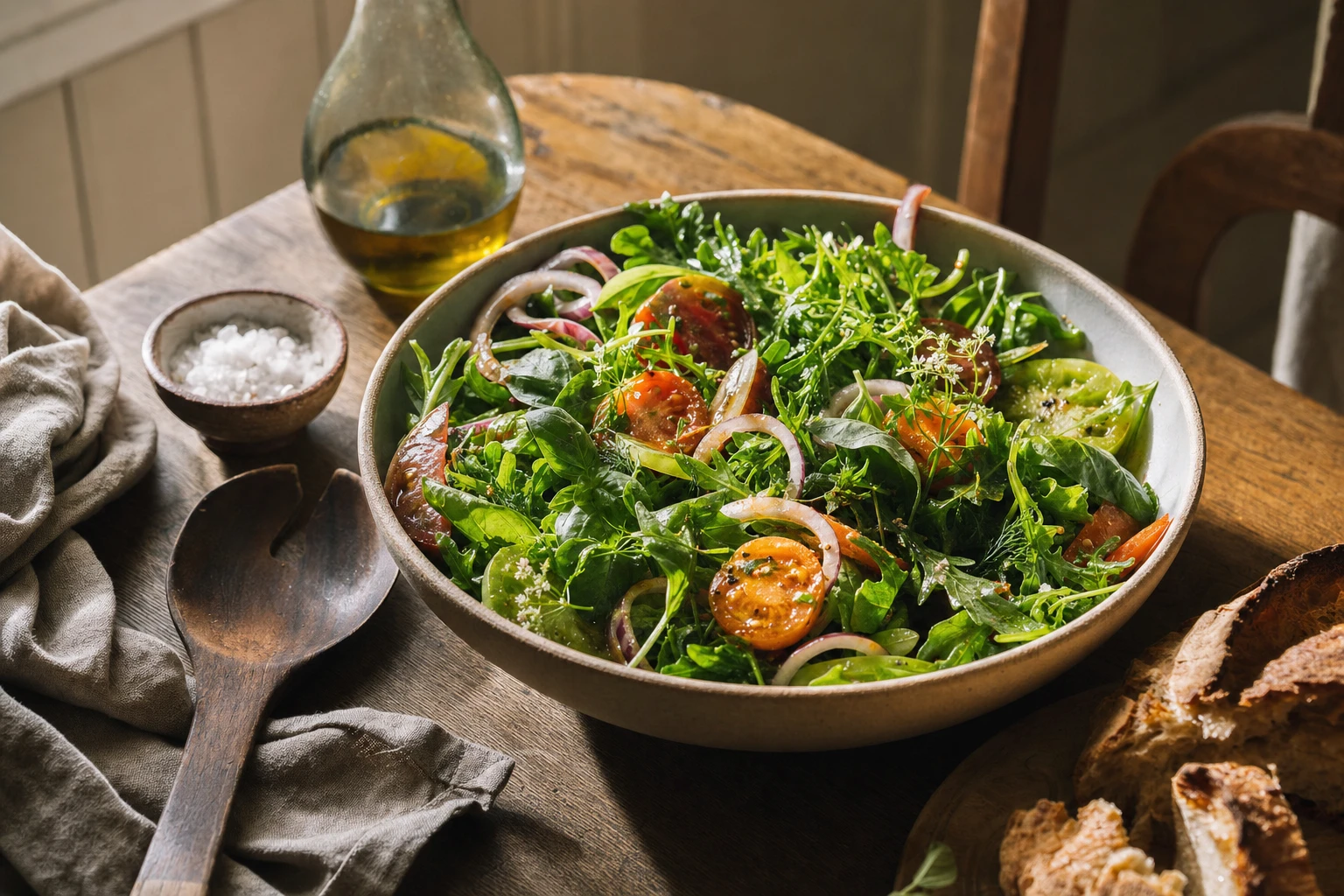 Fresh summer salad with greens, tomatoes, herbs, and olive oil