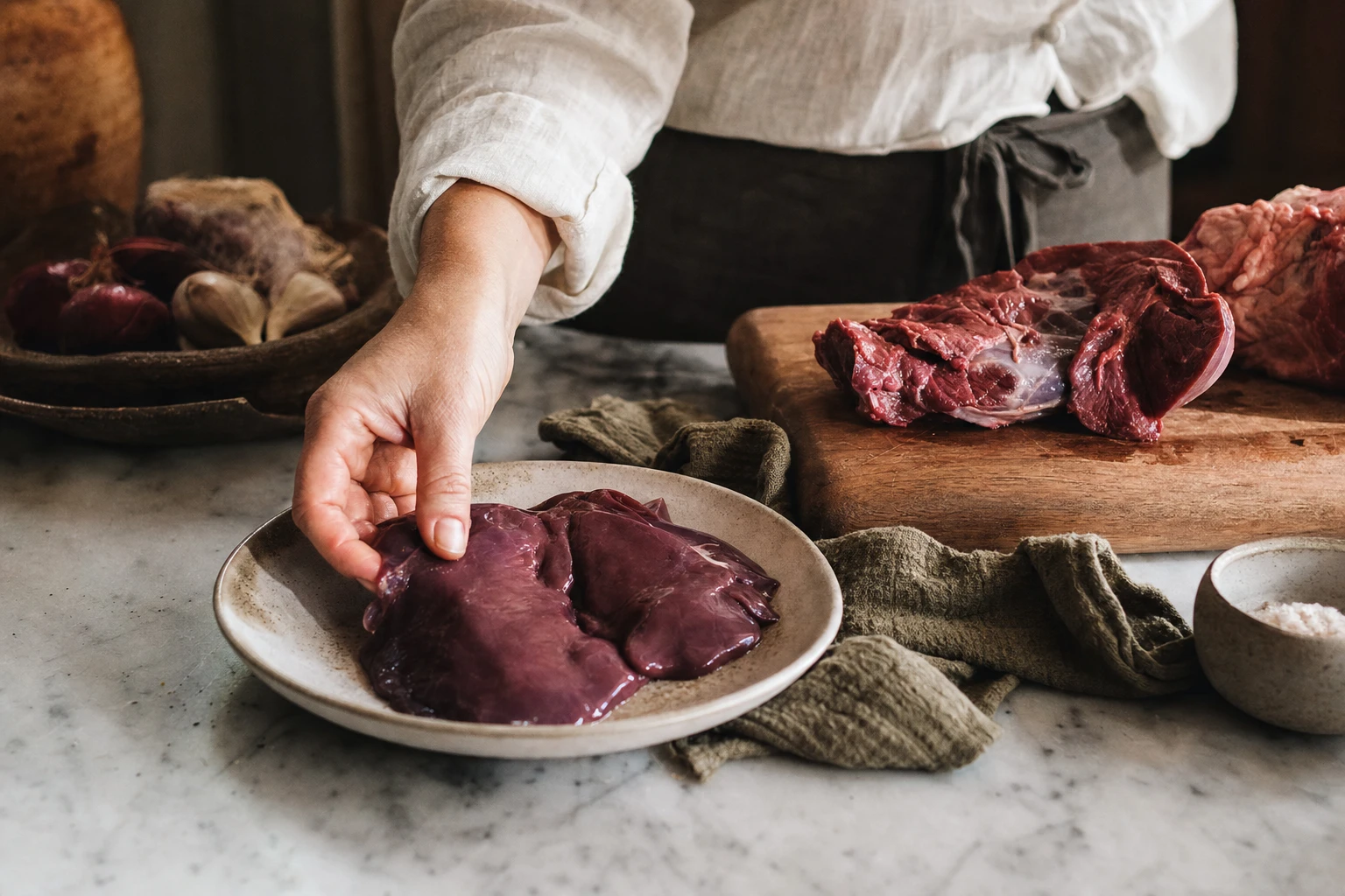 Liver on a plate next to a vitamin bottle, organ tissue detail