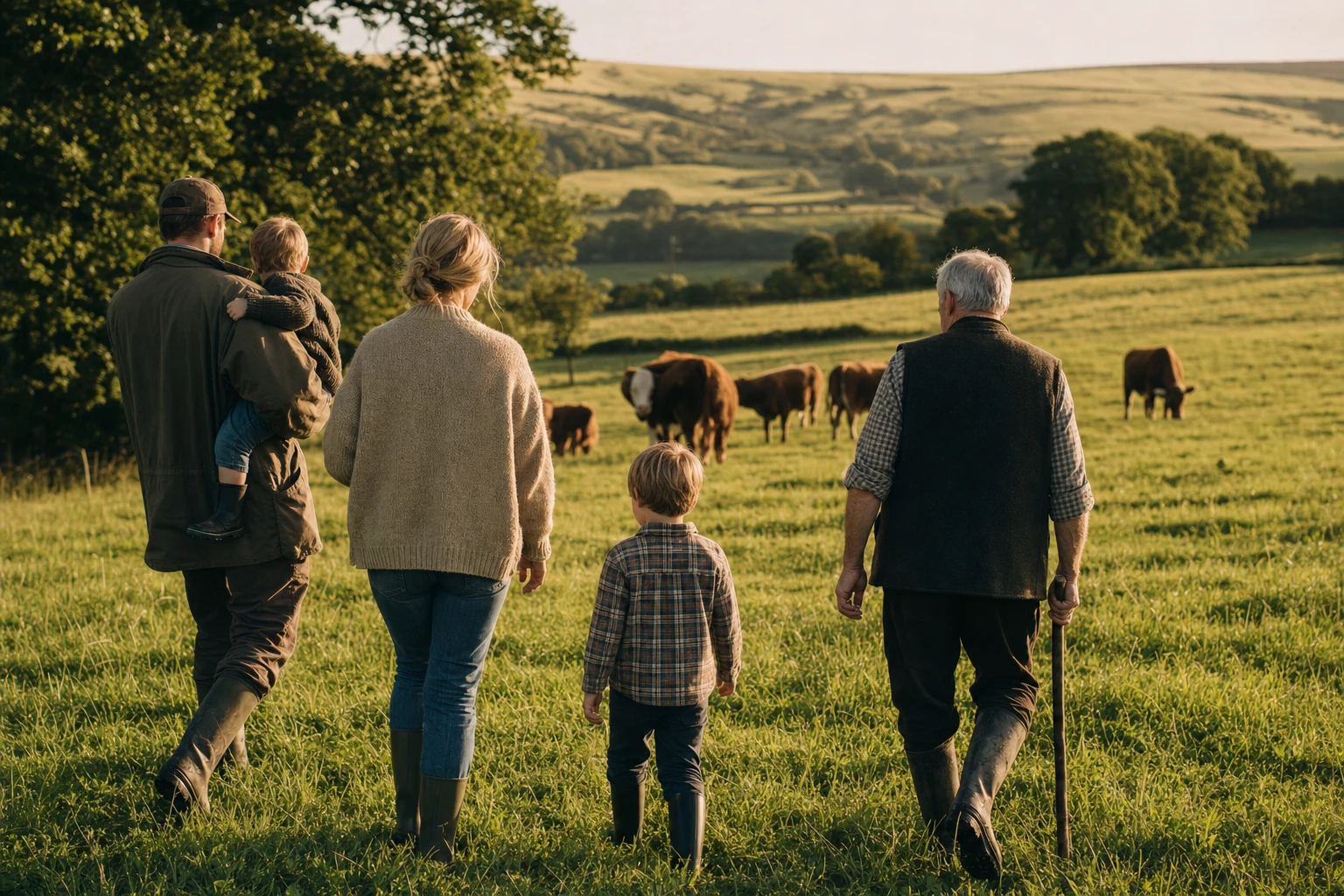 Multigenerational British farming family in pastoral landscape