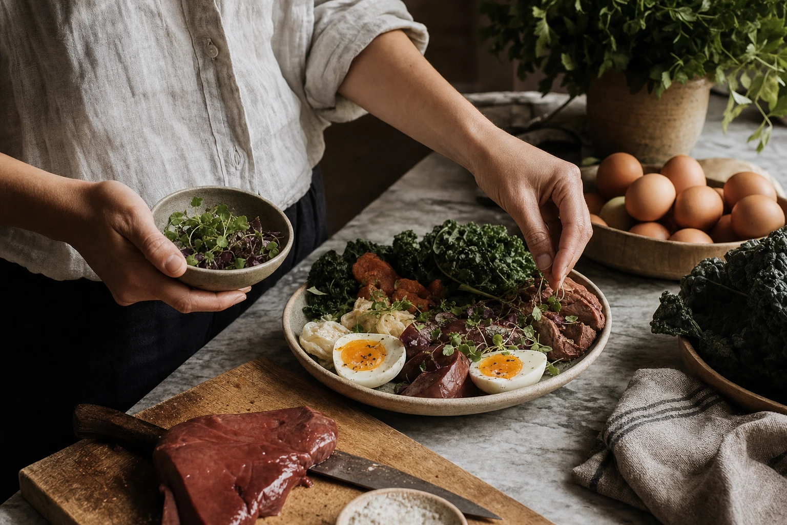 Microscopic comparison of a synthetic vitamin molecule versus nutrients in real food