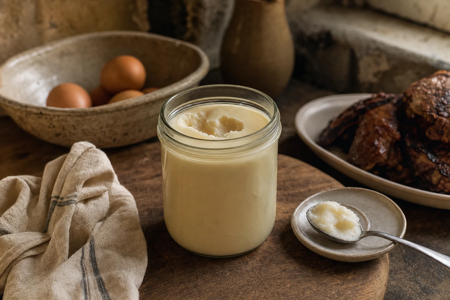 A jar of rendered beef tallow, creamy and pale, on a rustic surface