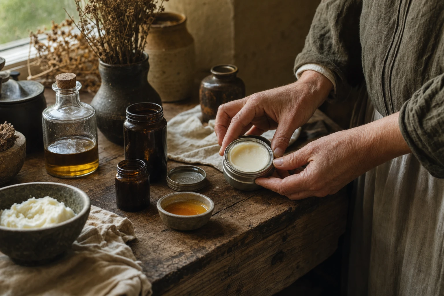 Historical skincare preparations and containers showing tallow-based balms