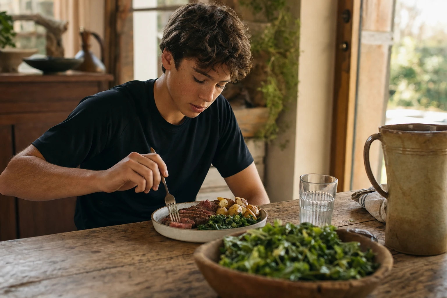 A young athlete eating a substantial protein-rich meal after training