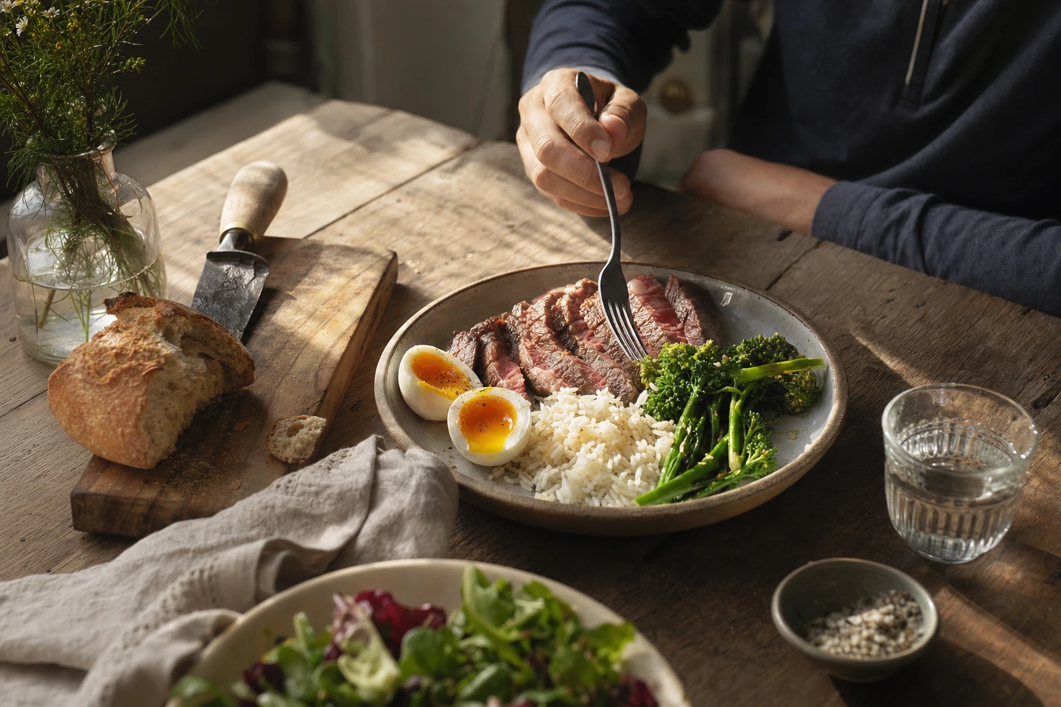 A plate with meat, rice, vegetables, eggs, representing a complete athlete meal