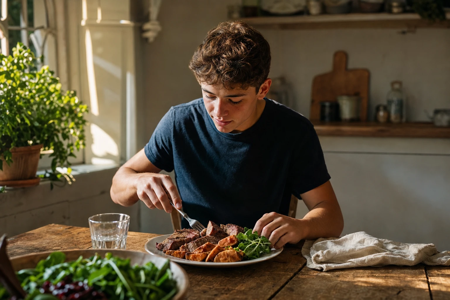 Teenage athlete eating whole meal with protein and vegetables