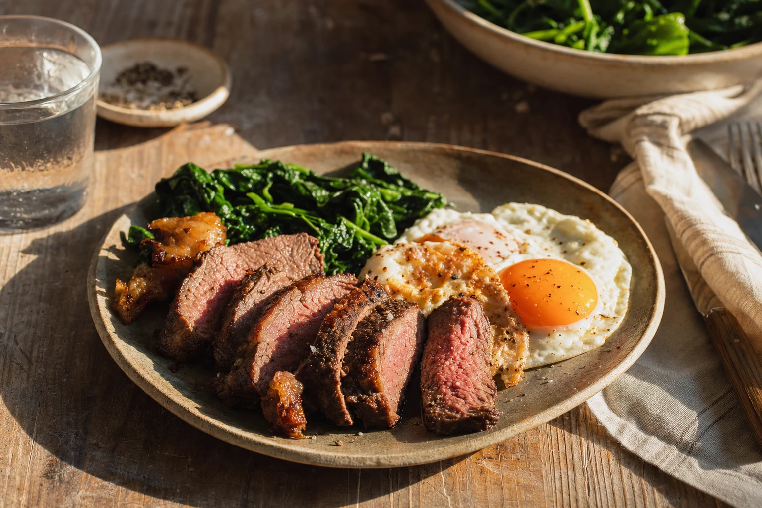 Cooked red meat and eggs on a plate