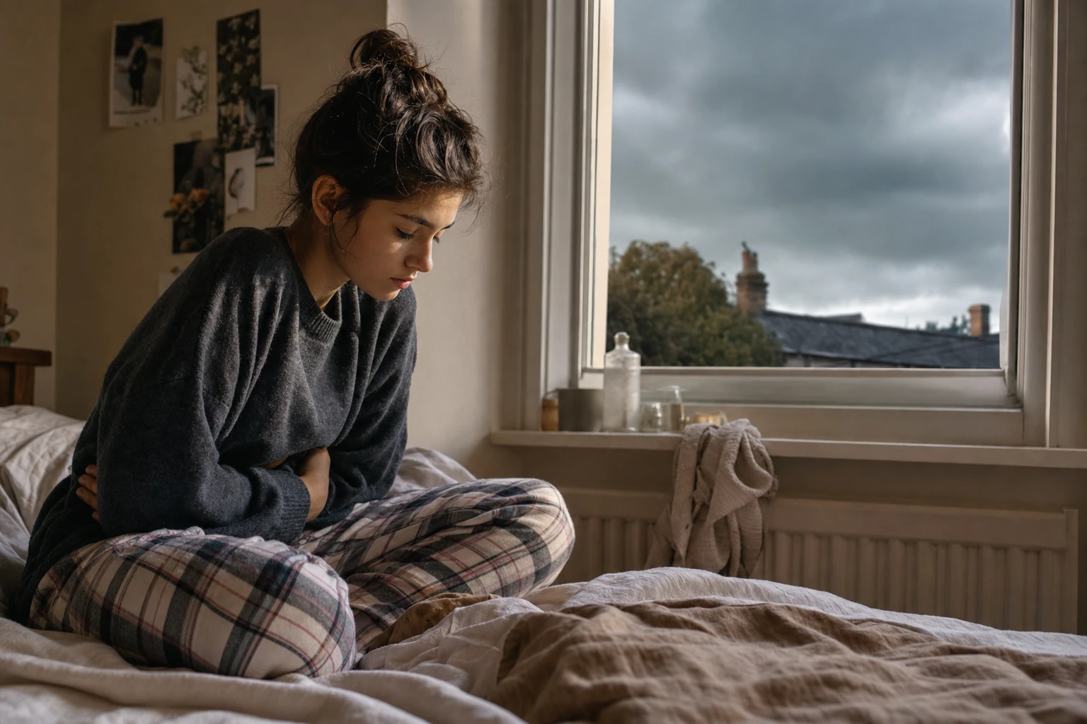 A teenage girl holding her abdomen, looking fatigued, with a window showing dark clouds outside