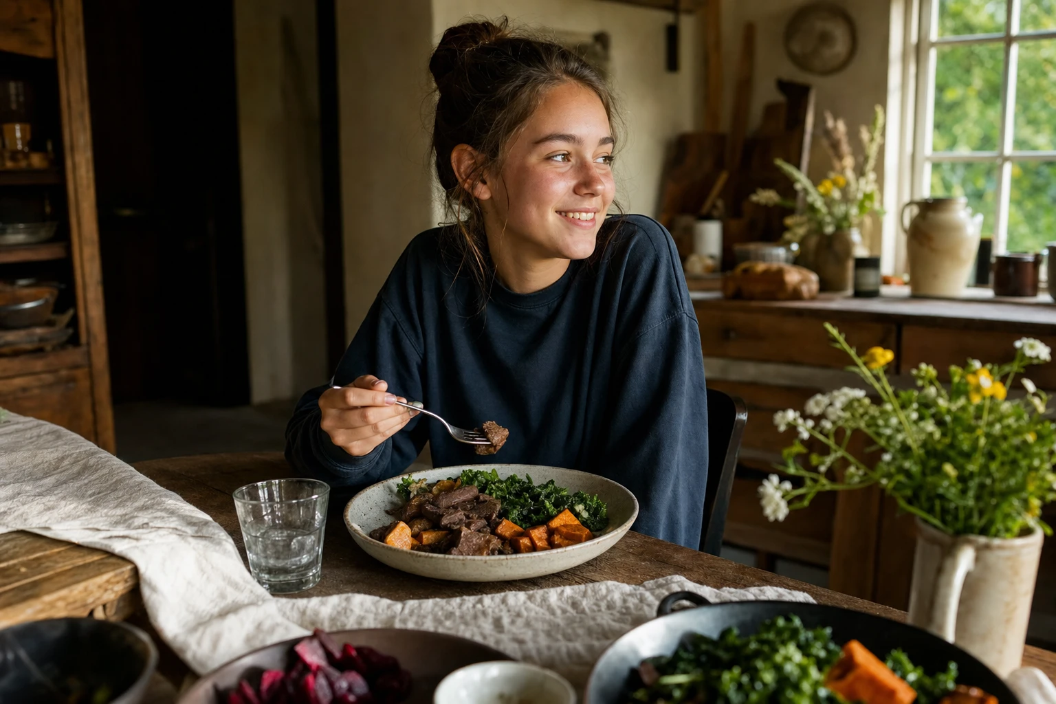 A teenage girl at the table eating an iron-rich meal, looking energised
