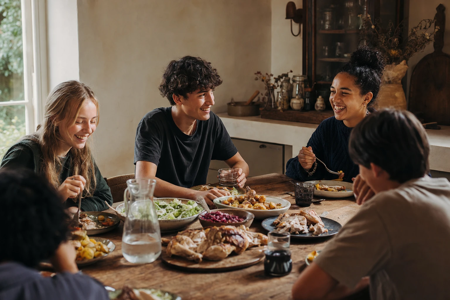 A diverse group of teenagers eating a substantial meal together, engaged and energised