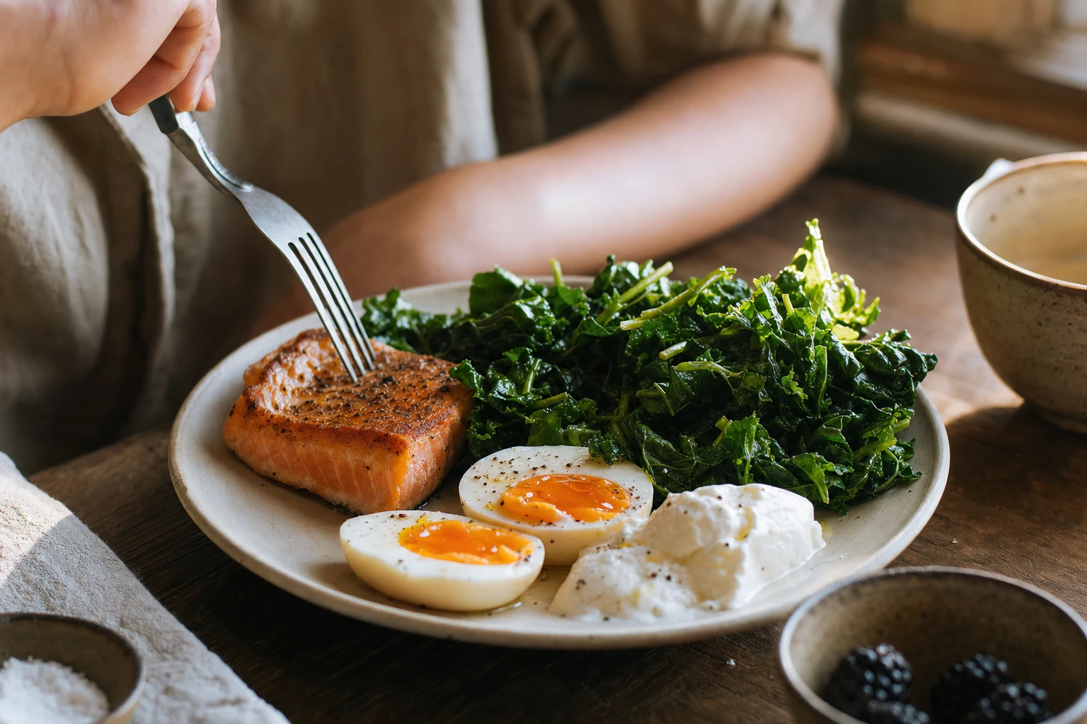 Nutrient-dense foods on a plate: salmon, leafy greens, dairy, eggs