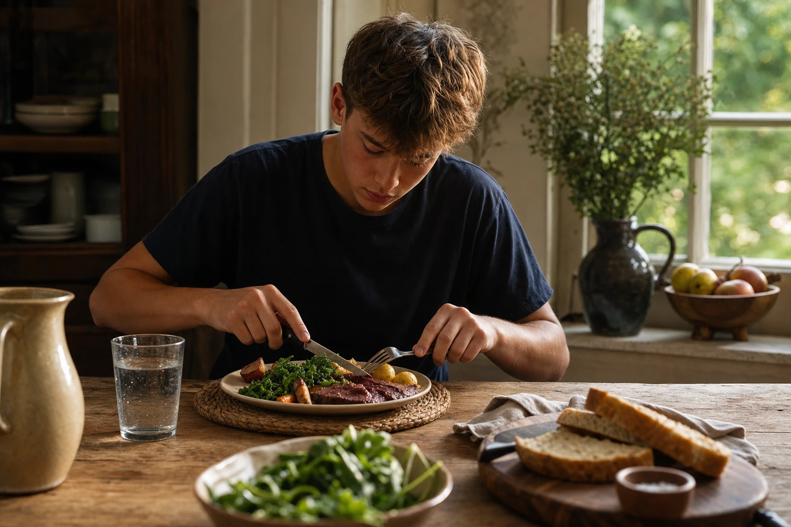 A teenage athlete eating a substantial meal, focused and engaged