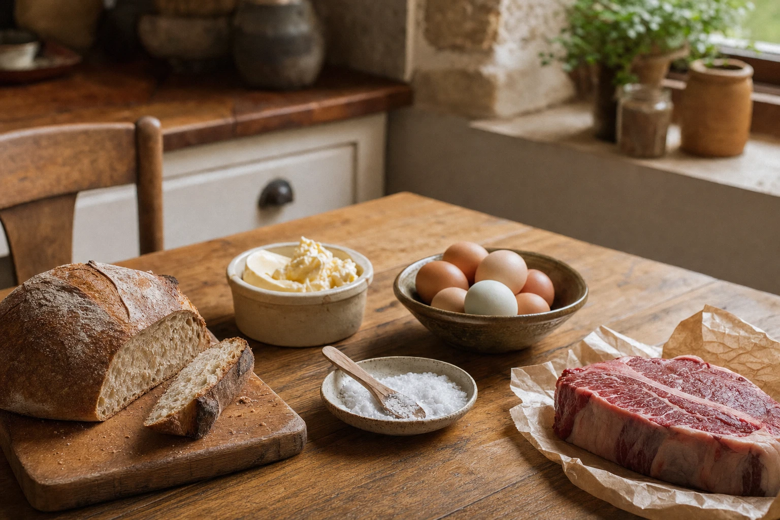 Simple whole foods: butter, eggs, meat, salt, bread