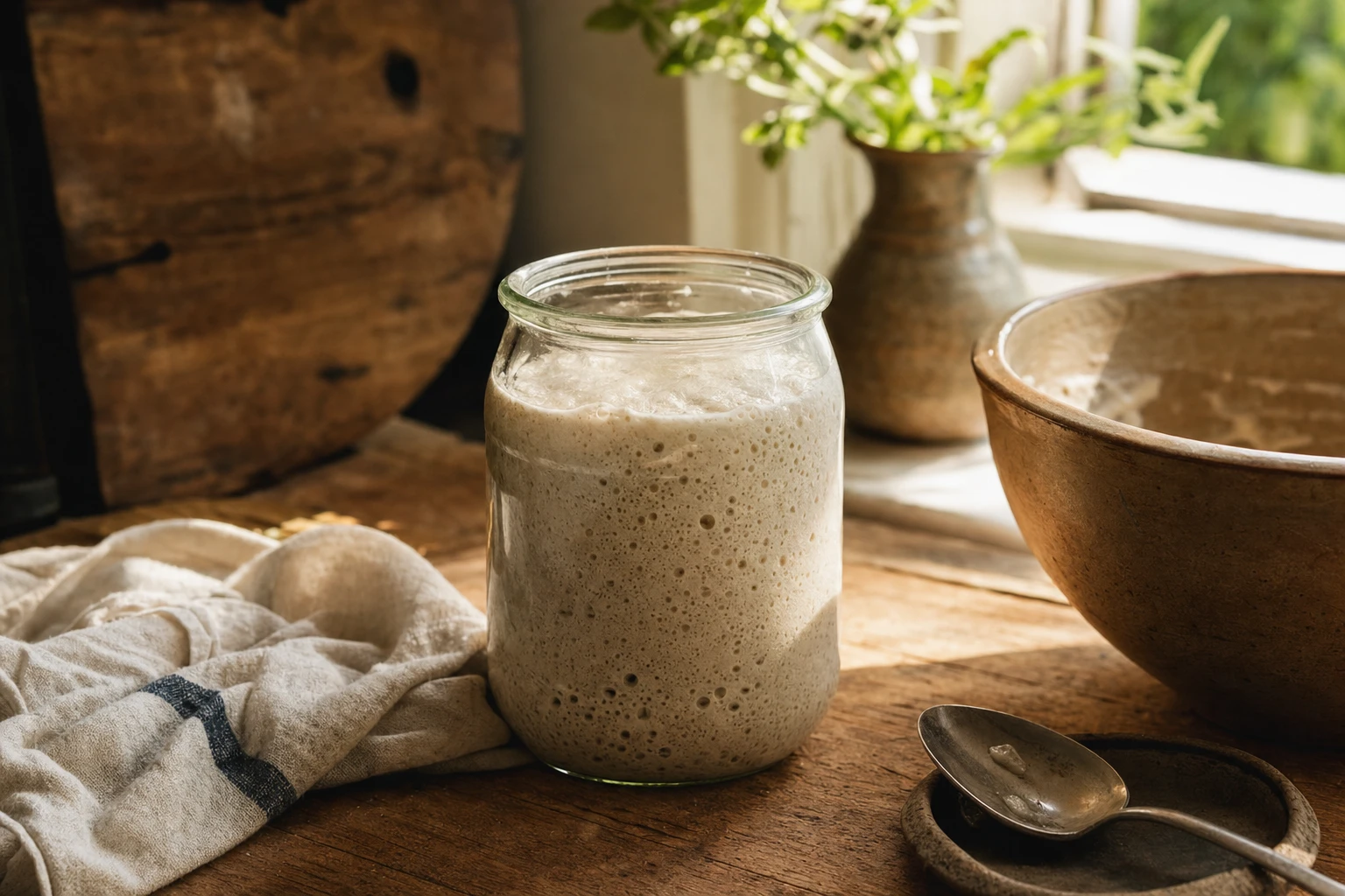 A sourdough starter in a glass jar, bubbly and active