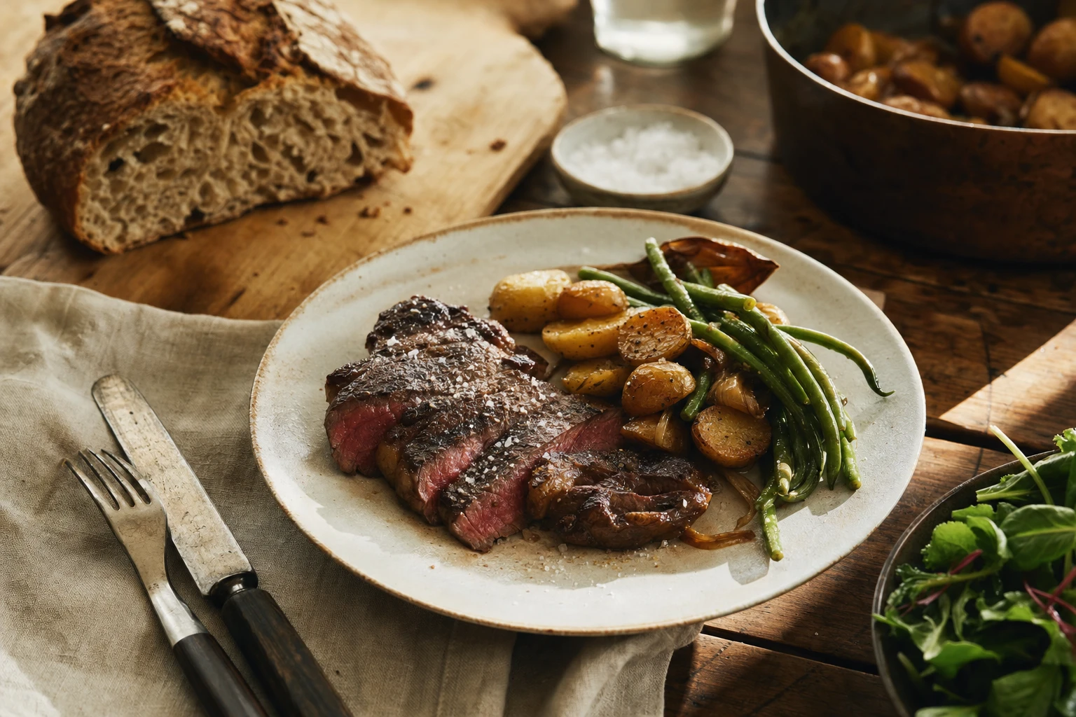 A plate with butter-cooked meat and simple vegetables, garnished with salt