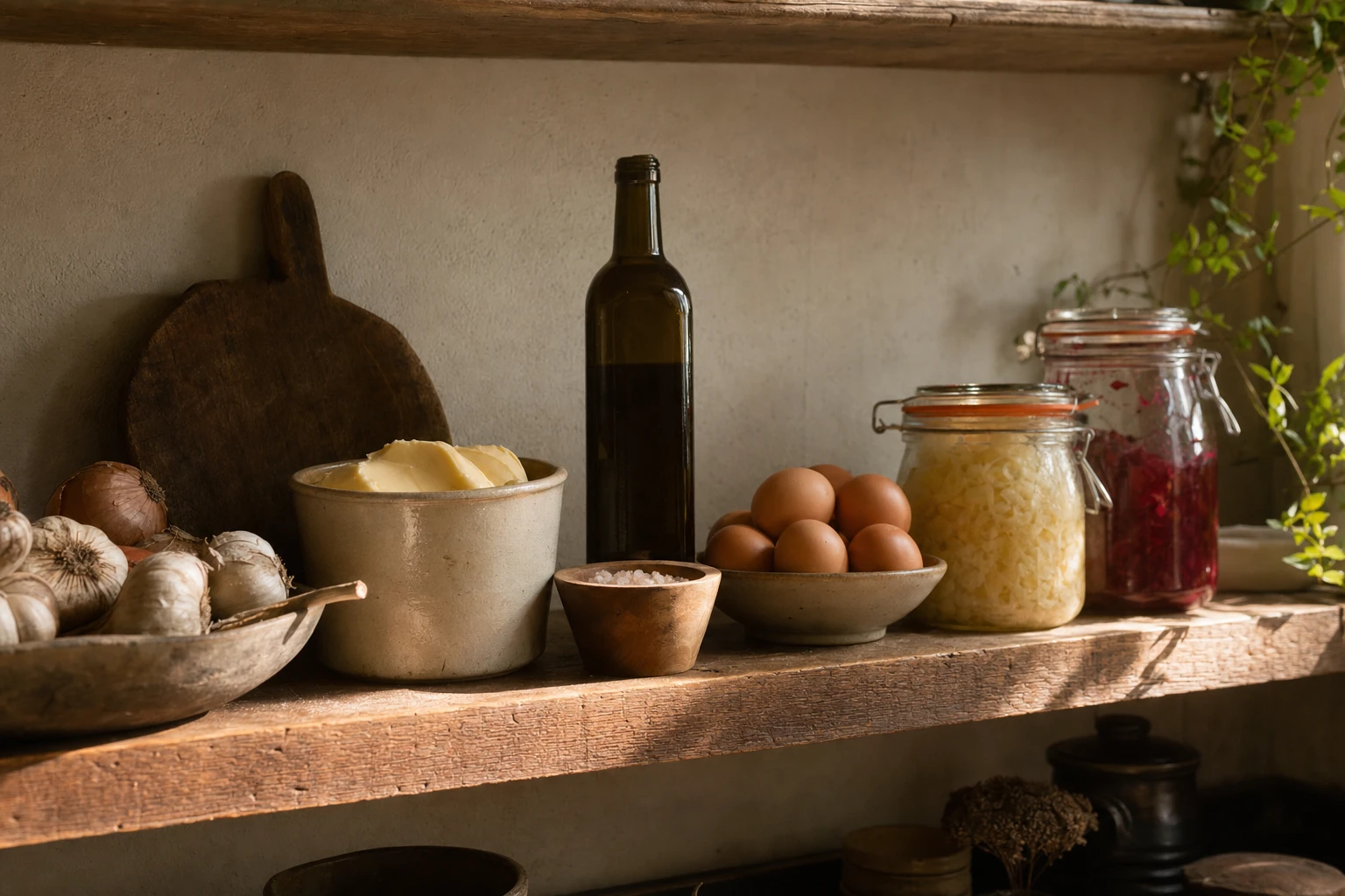 A kitchen shelf with simple, whole ingredients: butter, salt, good oil, fermented foods
