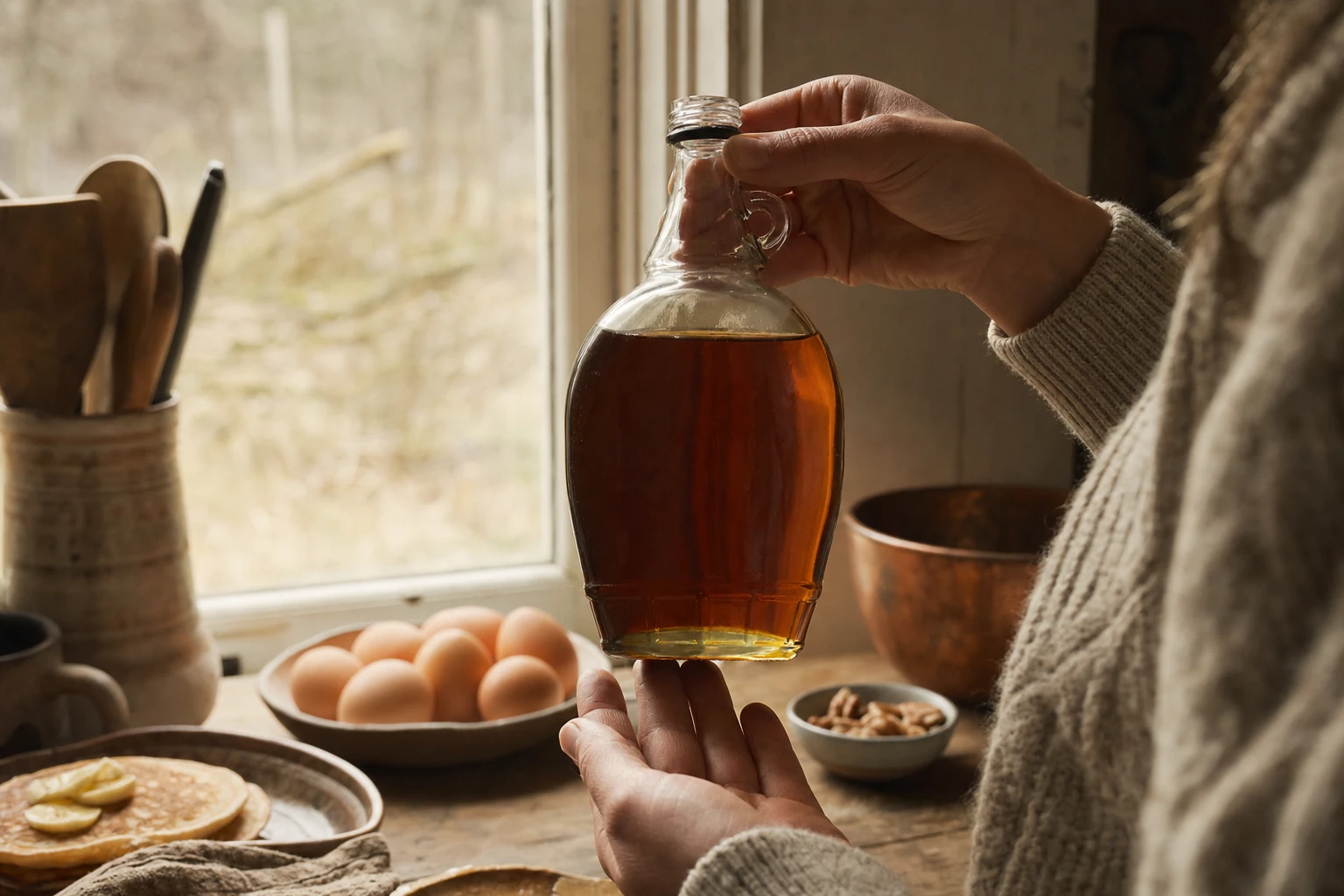 Amber maple syrup in glass bottle showing colour and clarity