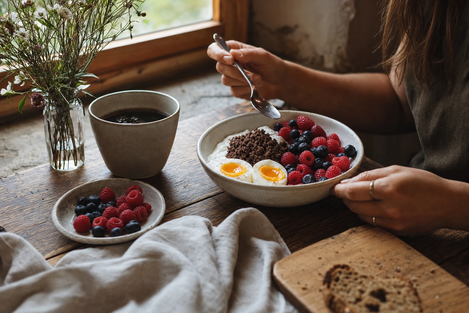 Breakfast bowl with Organised, eggs, and berries