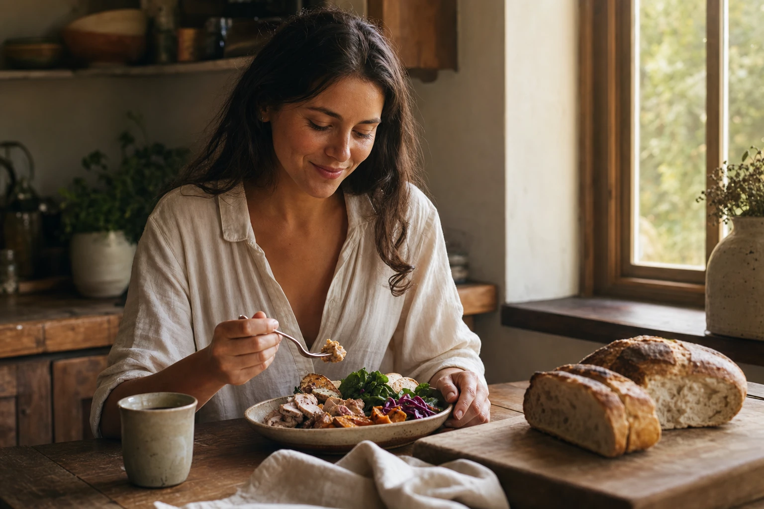 Person looking satisfied eating a balanced meal