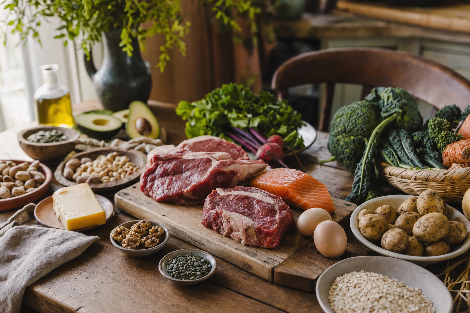 Variety of whole foods showing protein, fat, carbs