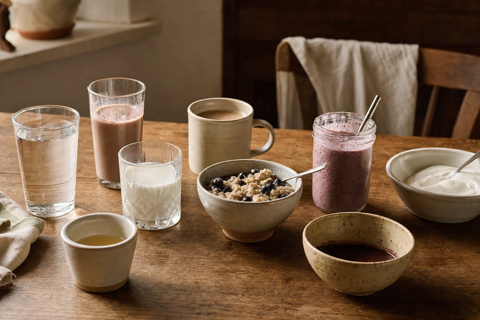 Array of glasses and bowls showing different ways to mix Organised