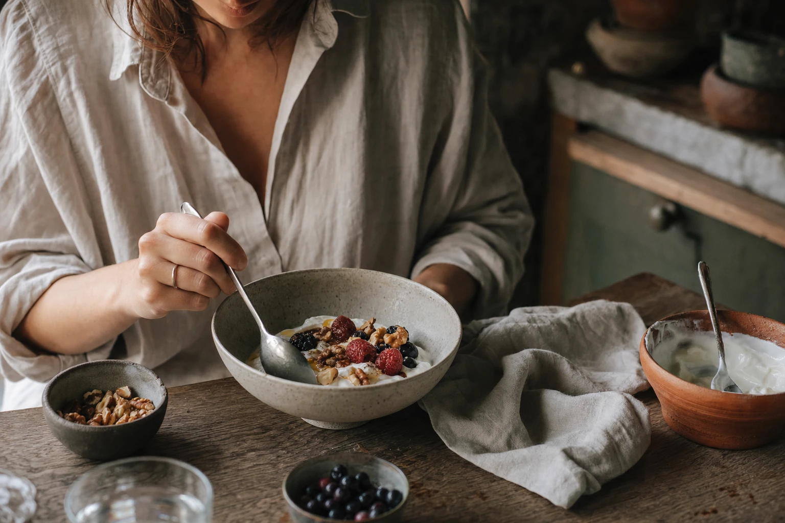 Bowl of yoghurt with Organised, berries, and nuts