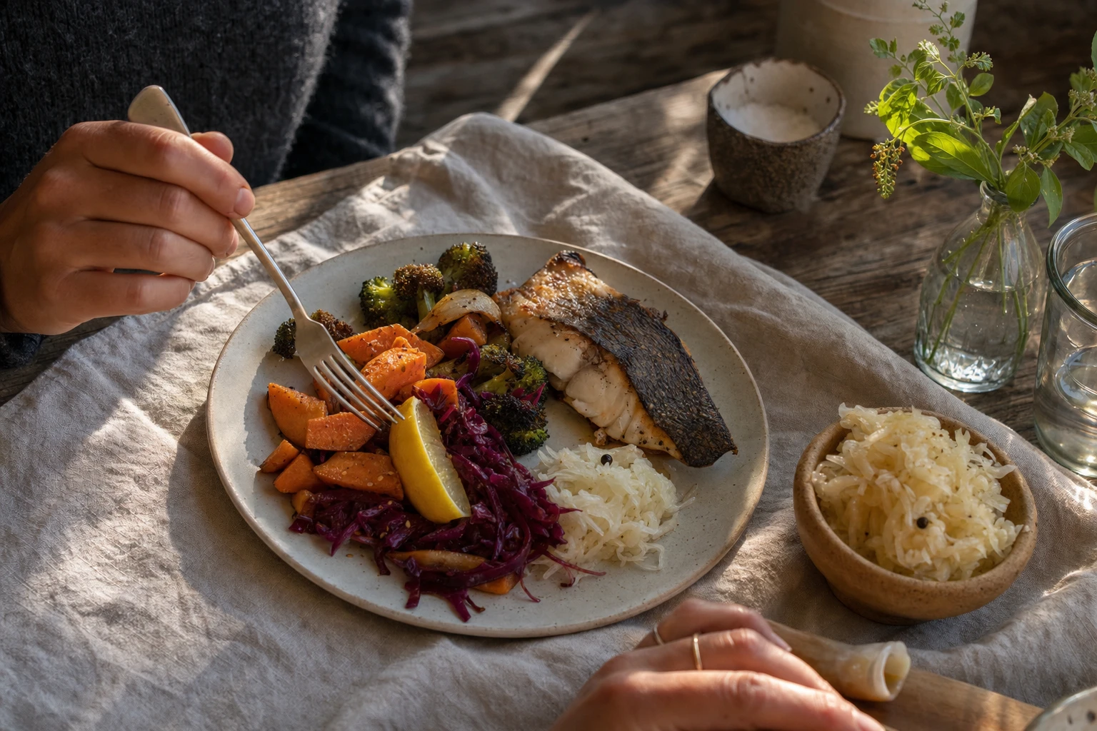 Clean plate with fish, vegetables, fermented food