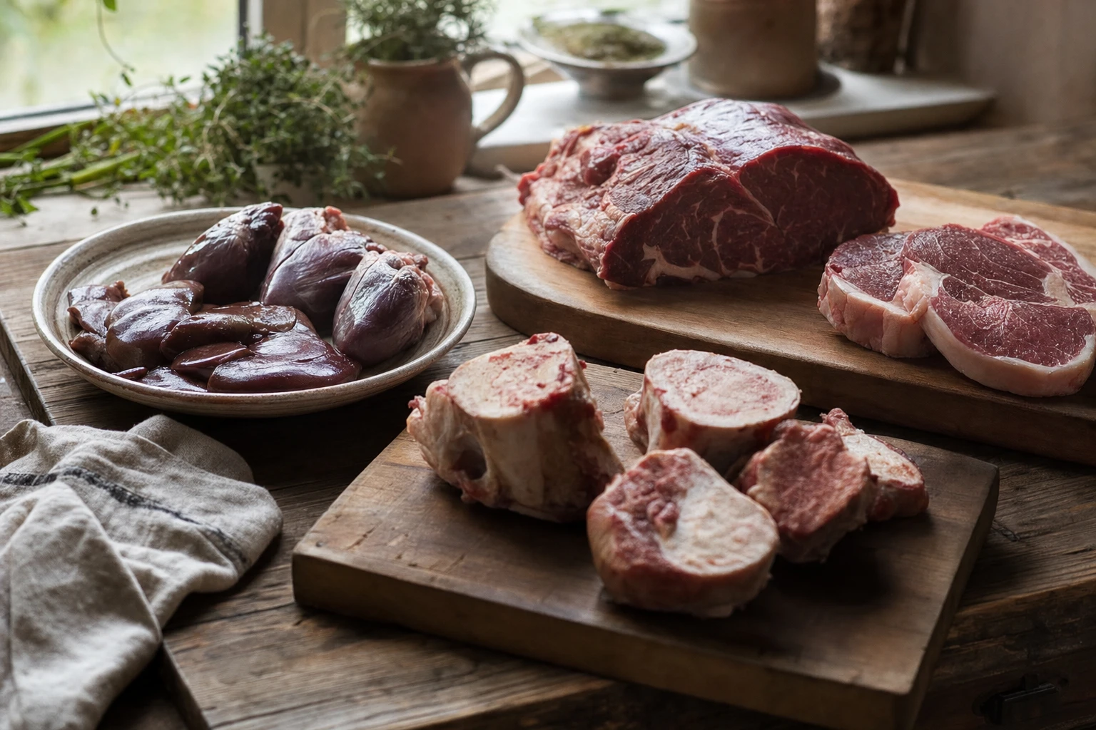 Traditional nose-to-tail meal components laid out: liver, heart, bone marrow, and muscle meat on wooden boards